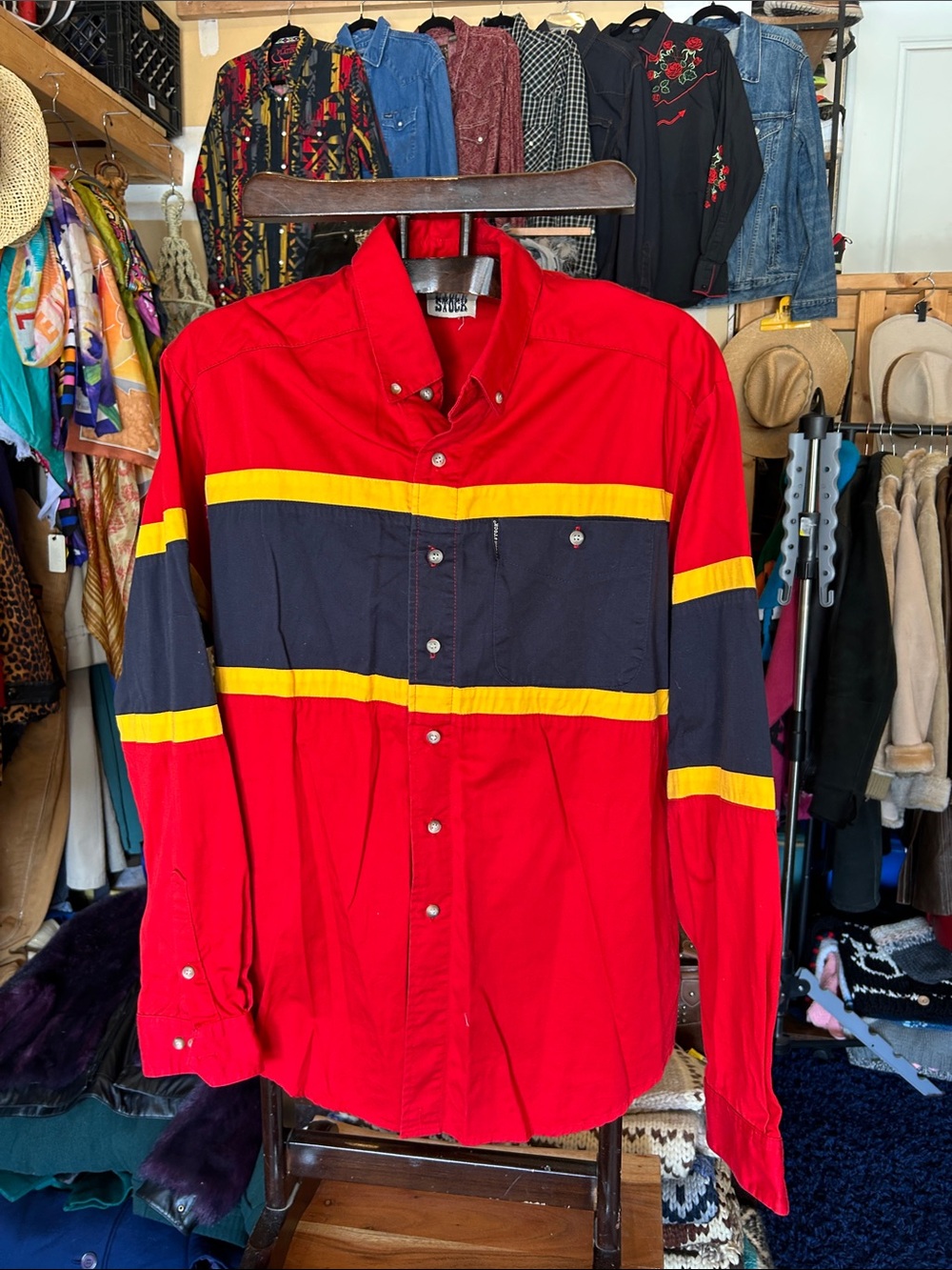 Vintage Panhandle Slim Red Button-Up Shirt with fantastic striped detail